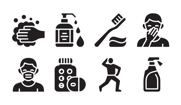 Hygiene and health care icons including hand washing, soap, toothbrush, sick person.