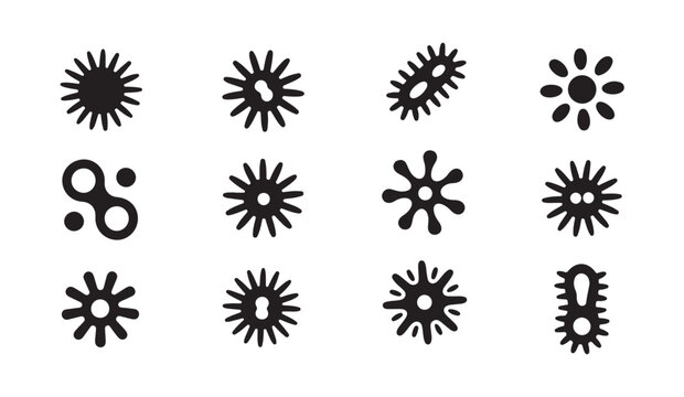 Abstract shapes representing viruses and bacteria, microscopic biological forms.
