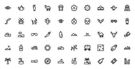 Desert icon set. Minimalist thin line icons pack. Vector illustration. Includes symbols for camel, cactus, pyramid, snake, scorpion, dunes, sun, magic lamp, oasis, turban, teapot and more. © wang