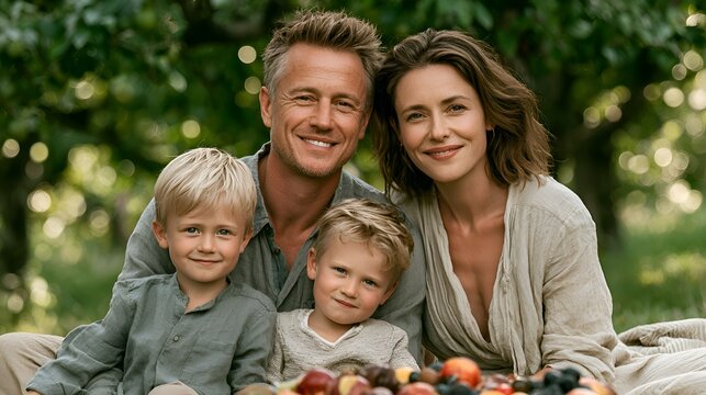 A happy family of four, including two young sons, poses lovingly together outdoors amidst a backdrop of green trees and natural light.