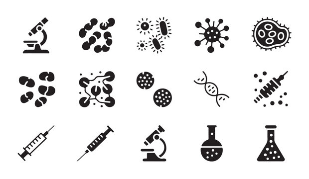 Microbiology research icons set featuring microscope syringe and bacteria cell structures.