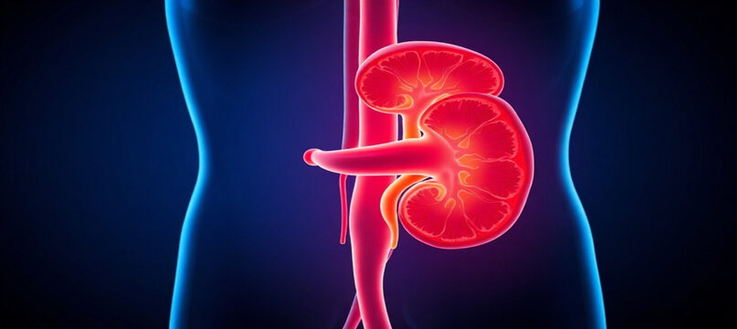 Anatomical illustration of the human urinary system highlighting the kidneys and ureters
