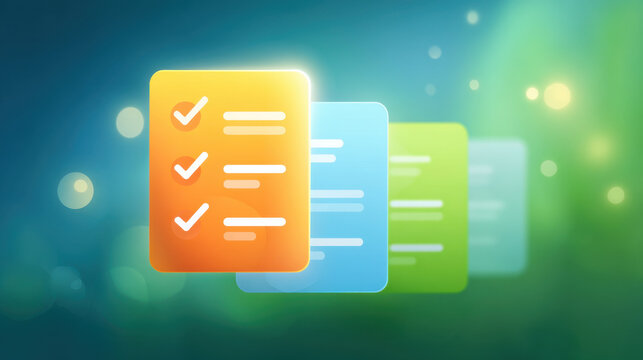 Checklist icon luminous productivity cards on blue green gradient background with glowing bokeh light, modern task management concept