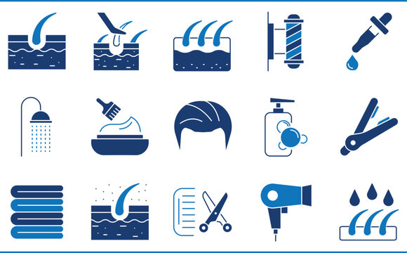 A set of icons related to Hair Care. Hair, protect, serum, pluck, barber, shampoo, and so on.