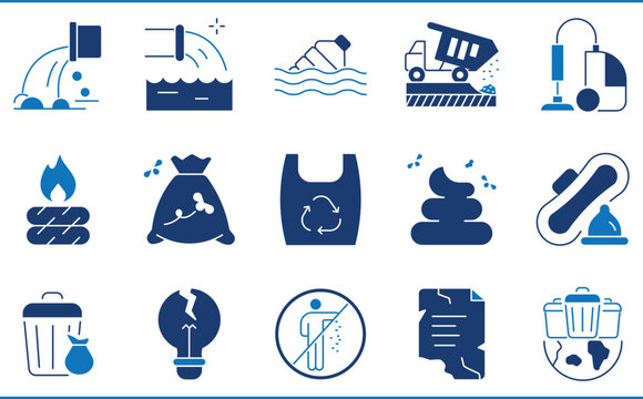A set of icons related to Garbage. Waste, management, plastic, tyre, bottle, paper, and so on.