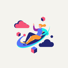 Fototapeta premium Modern flat design illustration of a woman interacting with cloud technology, surrounded by abstract data elements and floating cubes, symbolizing digital freedom and innovation.