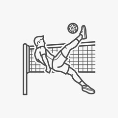 Fototapeta premium Sepak Takraw player performing acrobatic bicycle kick over net.