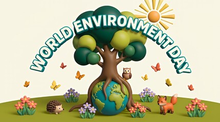 Naklejka premium World Environment Day 3d Illustration with Earth Tree and Cute Animals