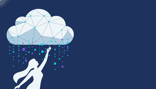 Silhouette of a woman reaching up to a digital cloud with geometric connections and falling data cubes, representing technology and connectivity