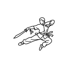 Fototapeta premium Kung fu warrior jumping in mid-air with a sword.
