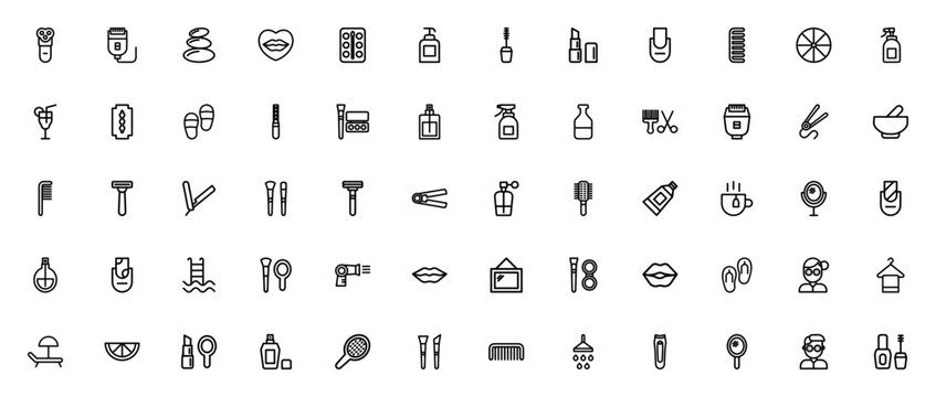 Beauty and spa icon set. Minimal line icons pack. Vector illustration. Featuring shaver, epilator, hot stones, lips, eye shadow, soap, mascara, lipstick, nail, comb, perfume, hair dryer, face mask, to