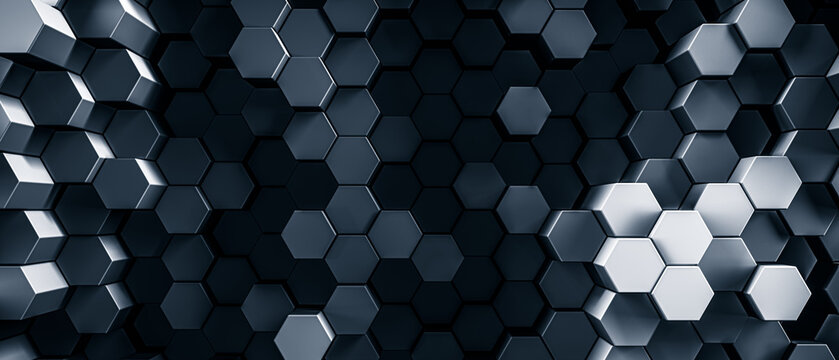 Smooth silver honeycomb background of patterned hexagons. Array of 3d rendered hex shapes creating a visual of a sleek, silver, metallic, pattern for futuristic, scientific, or technical backgrounds.
