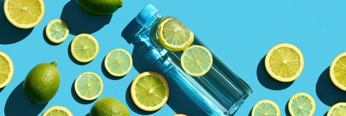 Electrolyte water sits among fresh citrus slices on a blue surface, suggesting hydration and healthy living after workouts or sports
