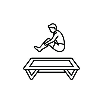 Male gymnast jumping high on trampoline line art.