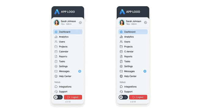 Two mobile phones display interface screens with menu options and user profiles side by side on a white background