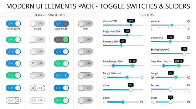 A detailed illustration of modern UI elements including toggle switches and sliders on a screen for technology design.
