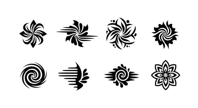 Collection of decorative black floral and swirl design elements.