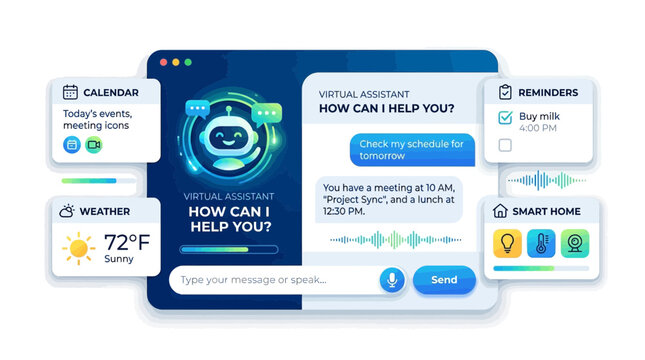 A futuristic virtual assistant interface on a computer screen displays various smart home and informational widgets.