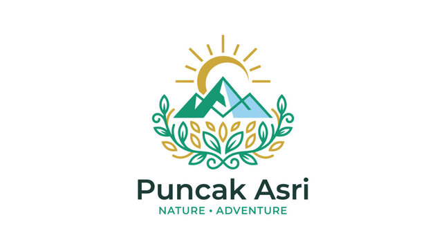 Puncak Asri Nature and Adventure Logo Design with Mountain and Leaves.