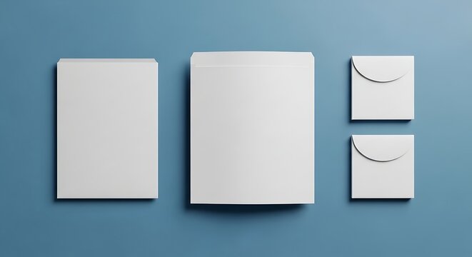 Blank white paper sleeves and folders mockup on blue background for branding corporate identity professional stationary set