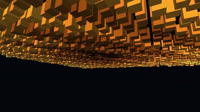 Seamless 4K VJ loop of a glowing gold data grid pulsing with data-driven displacement and cinematic depth. Ideal for technology backgrounds, data visualization, projection mapping and motion graphics.