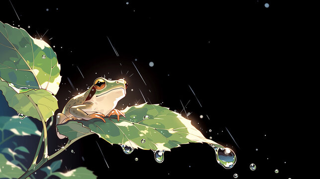 Tree Frog on Wet Leaf in the Rain at Night &ndash; Anime Style Digital Illustration,夜の雨に濡れた葉の上のアマガエル &ndash; アニメ風デジタルイラスト