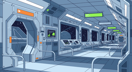 Cartoon interior of a spacecraft with windows to the galaxy © Gunting