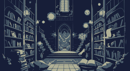 Pixelated library interior scene featuring bookshelves and architectural details © Gunting
