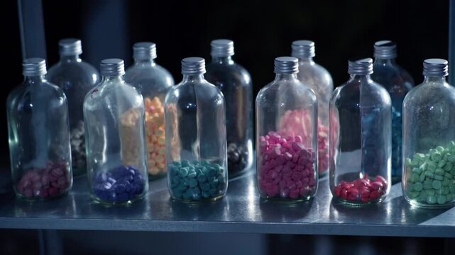Row of illicit glass jars filled with ecstasy amphetamine tablets, crime scene evidence.