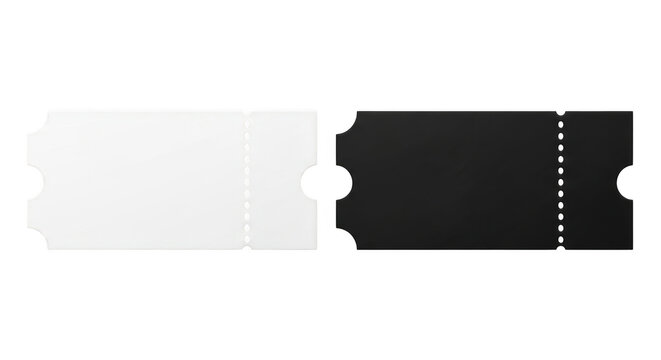 Blank white and black ticket stubs with perforation isolated on transparent background