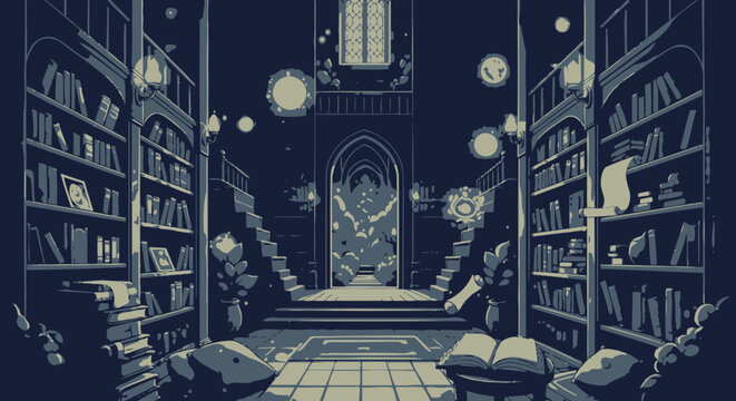 Pixelated library interior scene featuring bookshelves and architectural details