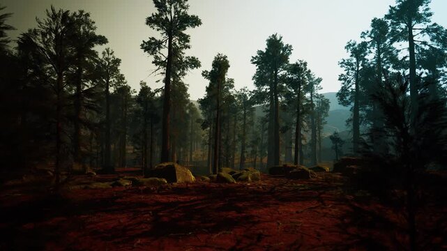 moody pine forest at dusk with deep shadows and cool tones, scattered boulders and damp underbrush, hazy light slicing through tall trunks, cinematic suspense