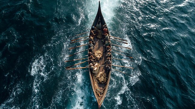 Aerial view of a longboat with many rowers navigating the choppy ocean waters.