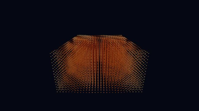 Seamless 4K VJ loop of a glowing red point cloud pulsing with data-driven displacement and cinematic depth. Ideal for technology backgrounds, data visualization, projection mapping and motion graphics