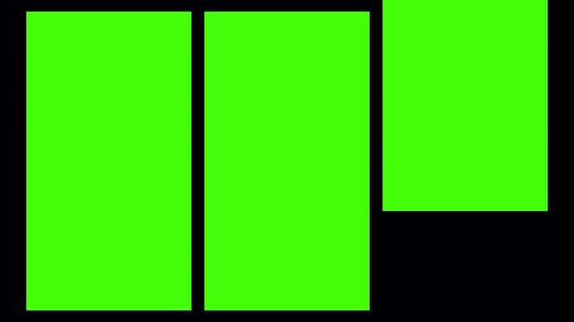 Three Column Vertical Split Screen Frame Matte Clean Minimal Layout green screen 4K. letterbox frame for cinematic effects. Ideal for trailers, short films, and ads