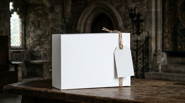 Blank white rectangular box mockup with paper hang tag tied with twine on rustic stone table for clothing brand packaging