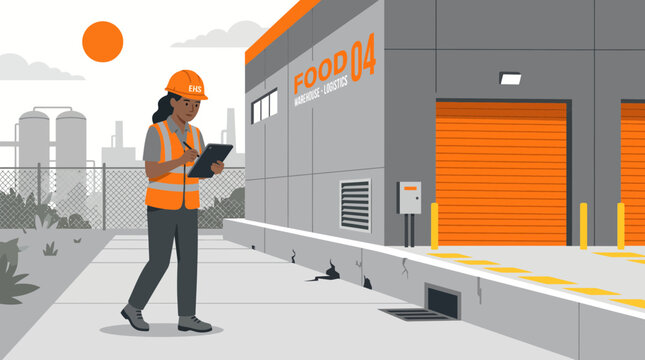 Industrial Safety Inspector Using Tablet at Food Warehouse