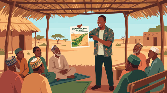 Man Presenting Great Green Wall Project to African Community
