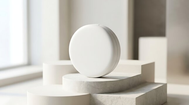 Blank white round cosmetic powder compact case mockup on modern stone pedestal displays for skincare branding luxury presentation