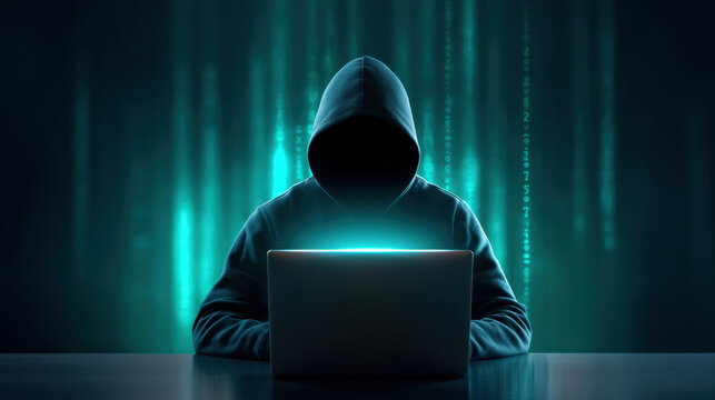 Hooded figure behind laptop dark hooded figure low key scene cyber security digital threat glowing screen mysterious silhouette hacker concept dark room teal light