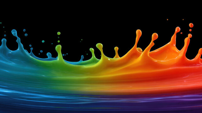 Colorful liquid splash frozen in motion, dynamic rainbow wave of blue green yellow orange and purple paint on black background