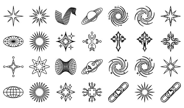 Retro Y2K Bling Shape Vector Set with Sparkling Stars Galaxy Swirls Wireframe Grids and Cosmic Decorative Elements