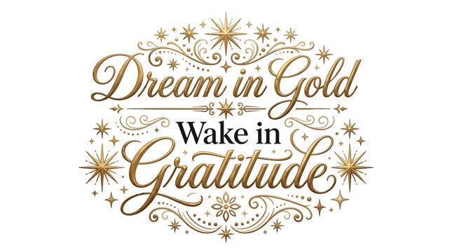 Inspirational Quote Dream in Gold Wake in Gratitude with Elegant Gold Typography.