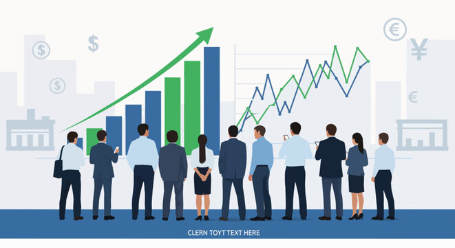 Diverse business team analyzing financial charts and stock market graphs with currency symbols, suitable for corporate presentations, investment analysis and economic reports.