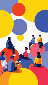Diverse group of people sitting on colorful abstract shapes, with bold geometric circles in background, concept for community, collaboration and social connection promotion.
