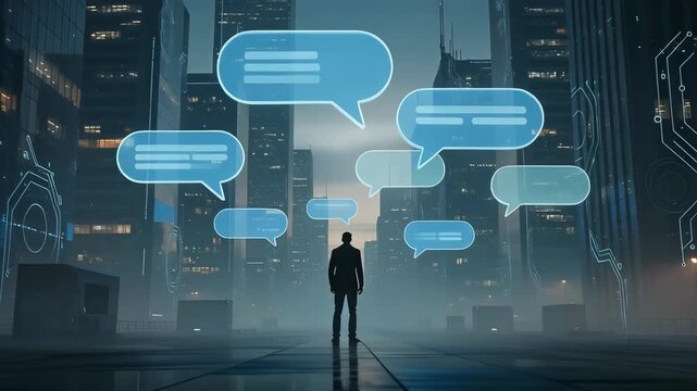Businessman standing in futuristic city surrounded by digital chat bubbles representing online communication and technology