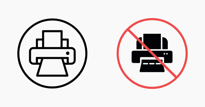 no printer icon stop printout electronic device sign, office equipment prohibition symbol set, printing restriction warning label collection, banned printer vector icon, clean flat line stroke design 