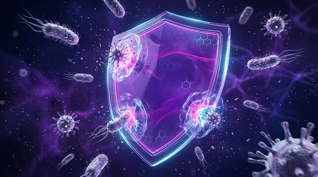 Digital Shield Defending Against Microscopic Bacteria and Viruses, Representing Biological Defense and Immune System Protection
