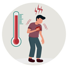 Vector illustration of a sick male patient suffering from chest pain and high fever with a thermometer. Concept of virus infection symptom, heart attack, medical emergency, and disease.