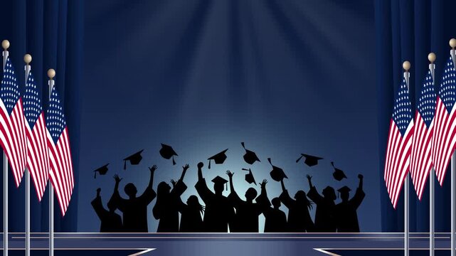 Celebration class of graduation template. Graduation themed animation. Graduation themed animation with American flag